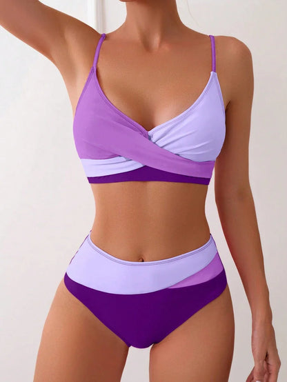 Women's 2-Piece Color-Block Bikini Set - Spaghetti Strap, Criss Cross, High Waist, Multicolor