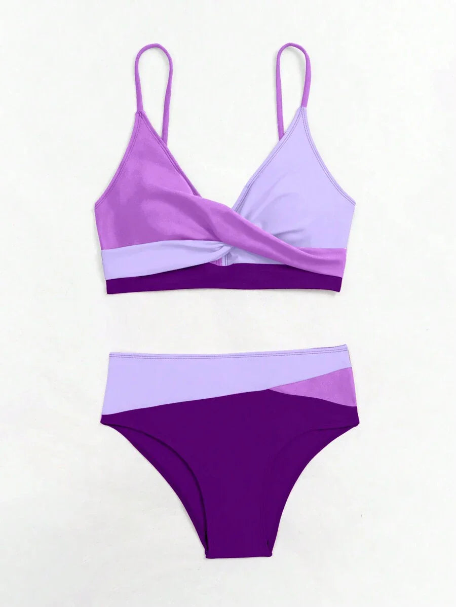 Women's 2-Piece Color-Block Bikini Set - Spaghetti Strap, Criss Cross, High Waist, Multicolor