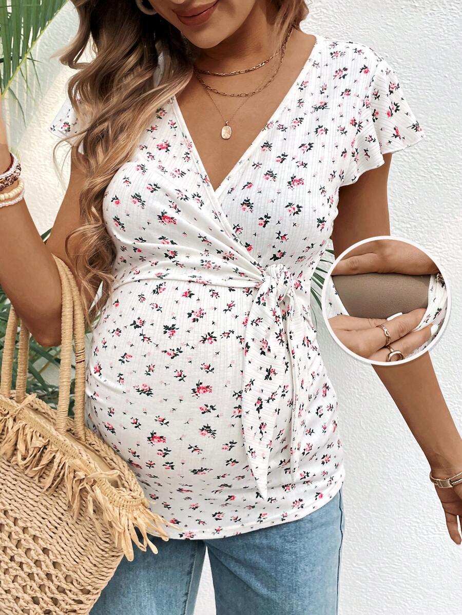 Maternity & Nursing Floral V-Neck Top - Flutter Sleeve Shirred Waist T-Shirt with Knot Detail for Summer Holiday