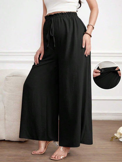 Maternity Wide Leg Pants Loose Fit Redwood Drawstring Elastic Waist Casual Long Trousers for Home and Summer Comfort