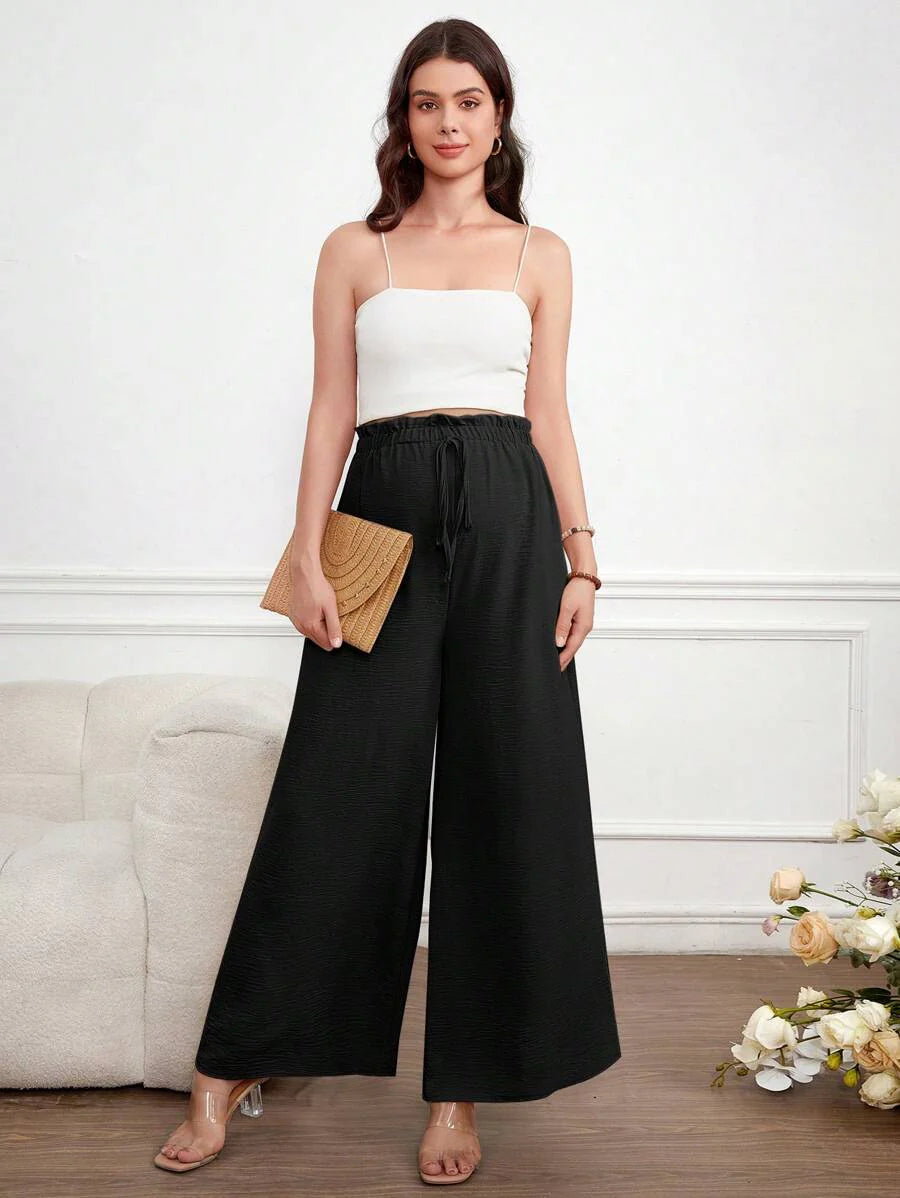 Maternity Wide Leg Pants Loose Fit Redwood Drawstring Elastic Waist Casual Long Trousers for Home and Summer Comfort