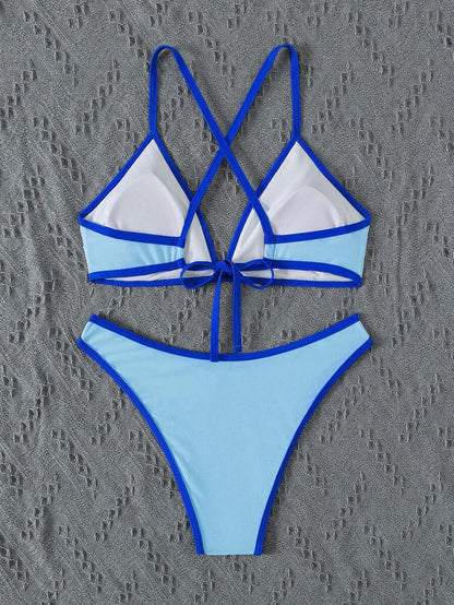 Women's Sporty Triangle Bikini Set - Contrasting Trim, Criss Cross, Spaghetti Strap, Navy Blue