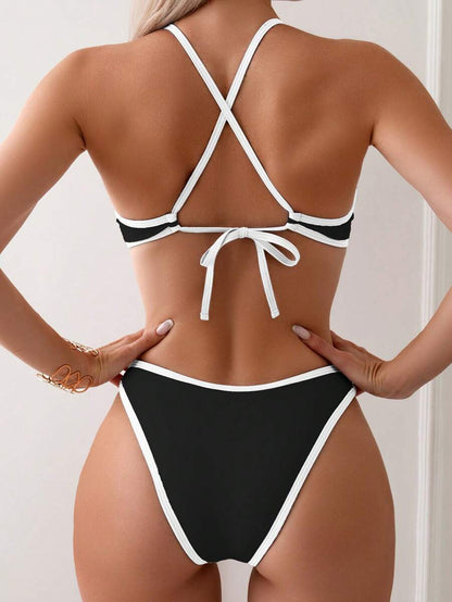 Women's Sporty Triangle Bikini Set - Contrasting Trim, Criss Cross, Spaghetti Strap, Navy Blue