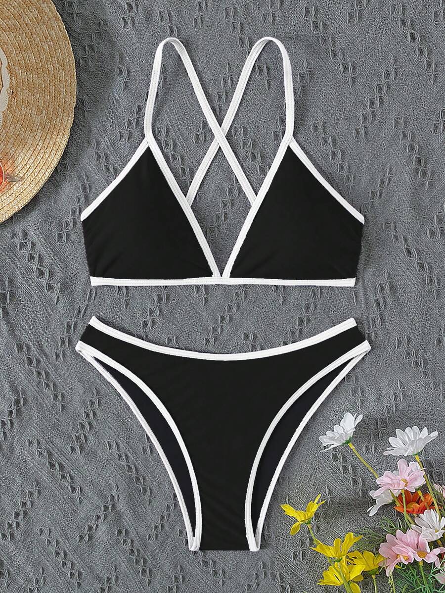 Swim Vcay Summer Beach Women Vacation Color-Block Halter Strap Bikini Set With Separated Bikini Set