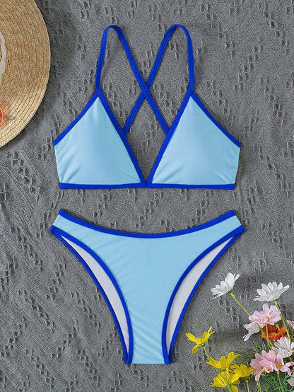 Women's Sporty Triangle Bikini Set - Contrasting Trim, Criss Cross, Spaghetti Strap, Navy Blue