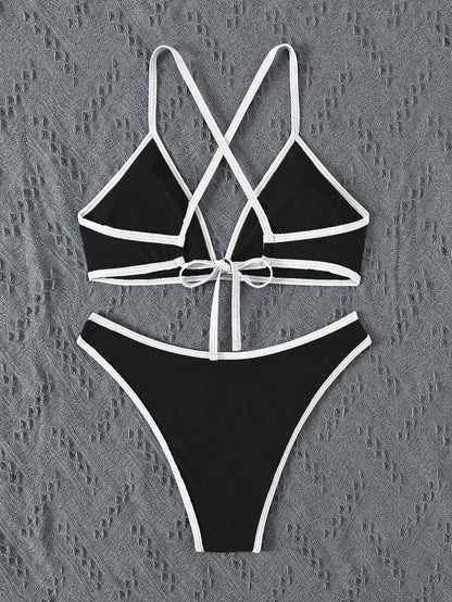 Swim Vcay Summer Beach Women Vacation Color-Block Halter Strap Bikini Set With Separated Bikini Set