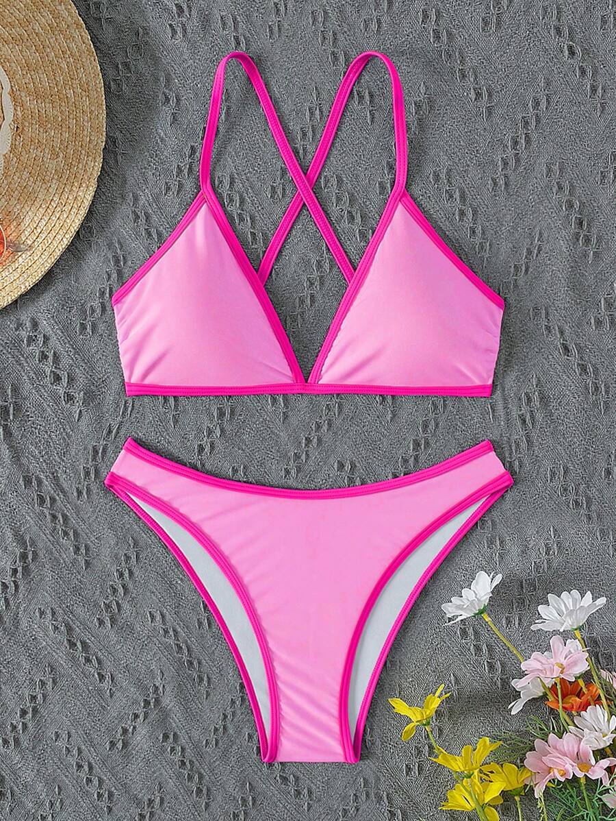 Women's Sporty Triangle Bikini Set - Contrasting Trim, Criss Cross, Spaghetti Strap, Navy Blue