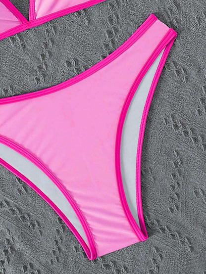 Women's Sporty Triangle Bikini Set - Contrasting Trim, Criss Cross, Spaghetti Strap, Navy Blue