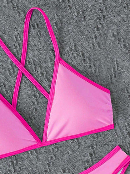 Women's Sporty Triangle Bikini Set - Contrasting Trim, Criss Cross, Spaghetti Strap, Navy Blue