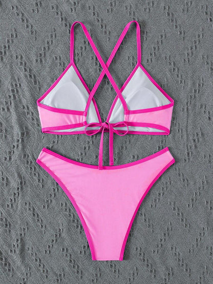 Women's Sporty Triangle Bikini Set - Contrasting Trim, Criss Cross, Spaghetti Strap, Navy Blue