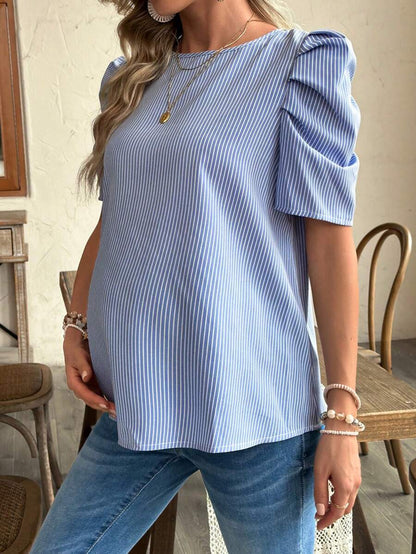 Navy Blue Striped Maternity Top with Petal Puff Sleeves, Casual Round Neck Short Sleeve Pregnancy Shirt for Daily Wear