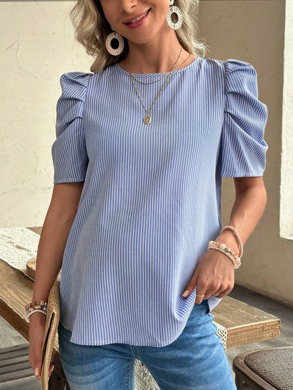 Navy Blue Striped Maternity Top with Petal Puff Sleeves, Casual Round Neck Short Sleeve Pregnancy Shirt for Daily Wear
