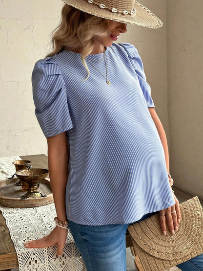 Navy Blue Striped Maternity Top with Petal Puff Sleeves, Casual Round Neck Short Sleeve Pregnancy Shirt for Daily Wear