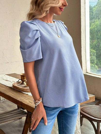 Navy Blue Striped Maternity Top with Petal Puff Sleeves, Casual Round Neck Short Sleeve Pregnancy Shirt for Daily Wear