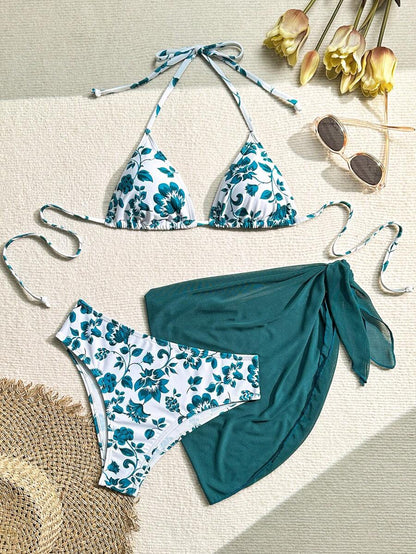 Women's 3-Piece Shell Print Bikini Set - V-Neck Halter, Triangle, Side Tie Skirt, Multicolor