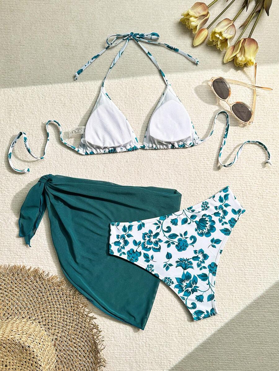 Women's 3-Piece Shell Print Bikini Set - V-Neck Halter, Triangle, Side Tie Skirt, Multicolor