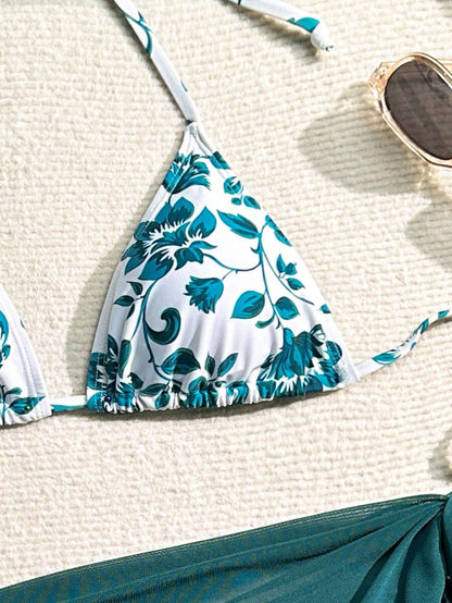 Women's 3-Piece Shell Print Bikini Set - V-Neck Halter, Triangle, Side Tie Skirt, Multicolor