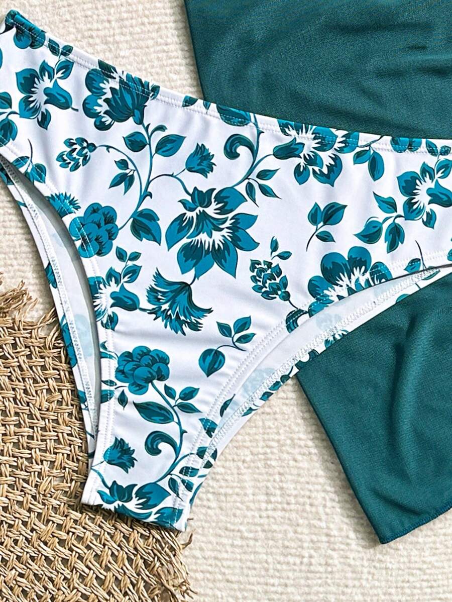 Women's 3-Piece Shell Print Bikini Set - V-Neck Halter, Triangle, Side Tie Skirt, Multicolor