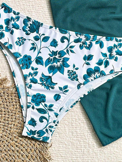 Women's 3-Piece Shell Print Bikini Set - V-Neck Halter, Triangle, Side Tie Skirt, Multicolor