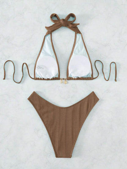 Swim Vcay Swim Suits For Women Summer Beach Chain Linked Halter Triangle Bikini Set