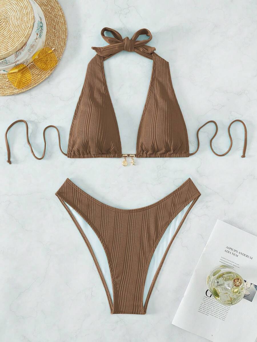 Swim Vcay Swim Suits For Women Summer Beach Chain Linked Halter Triangle Bikini Set