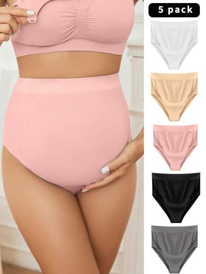 Maternity Panties 5 Pack - Solid Color Simple Soft Stretch High Waist, Pregnancy Daily Wear