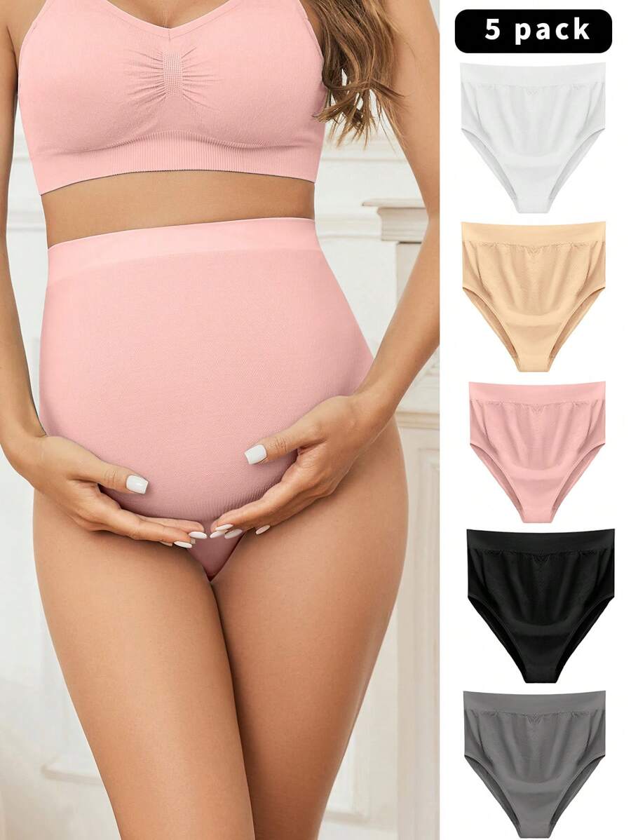 Maternity Plain Comfortable Panties Pack of 5 Soft Stretch High Waist Pregnancy Underwear for Mothers