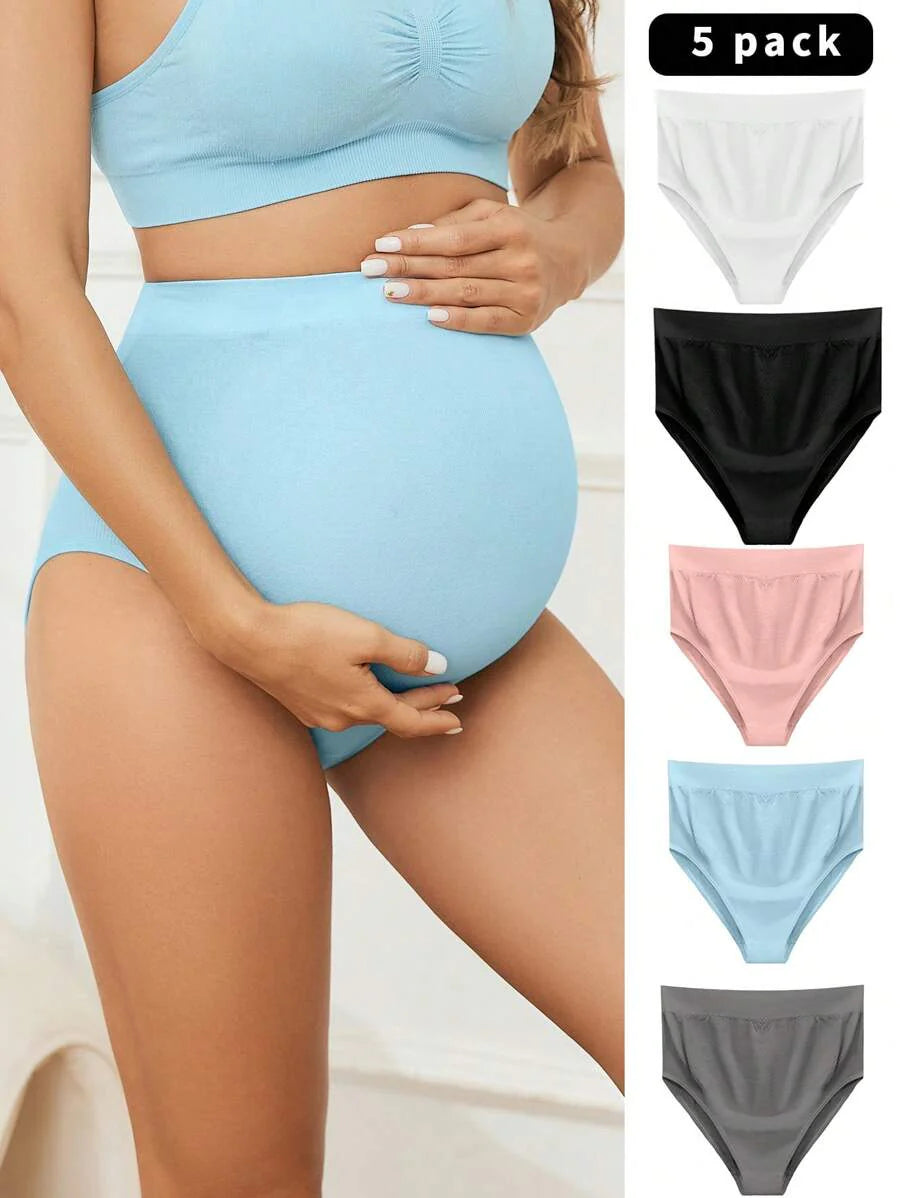 Maternity Panties 5 Pack - Solid Color Simple Soft Stretch High Waist, Pregnancy Daily Wear