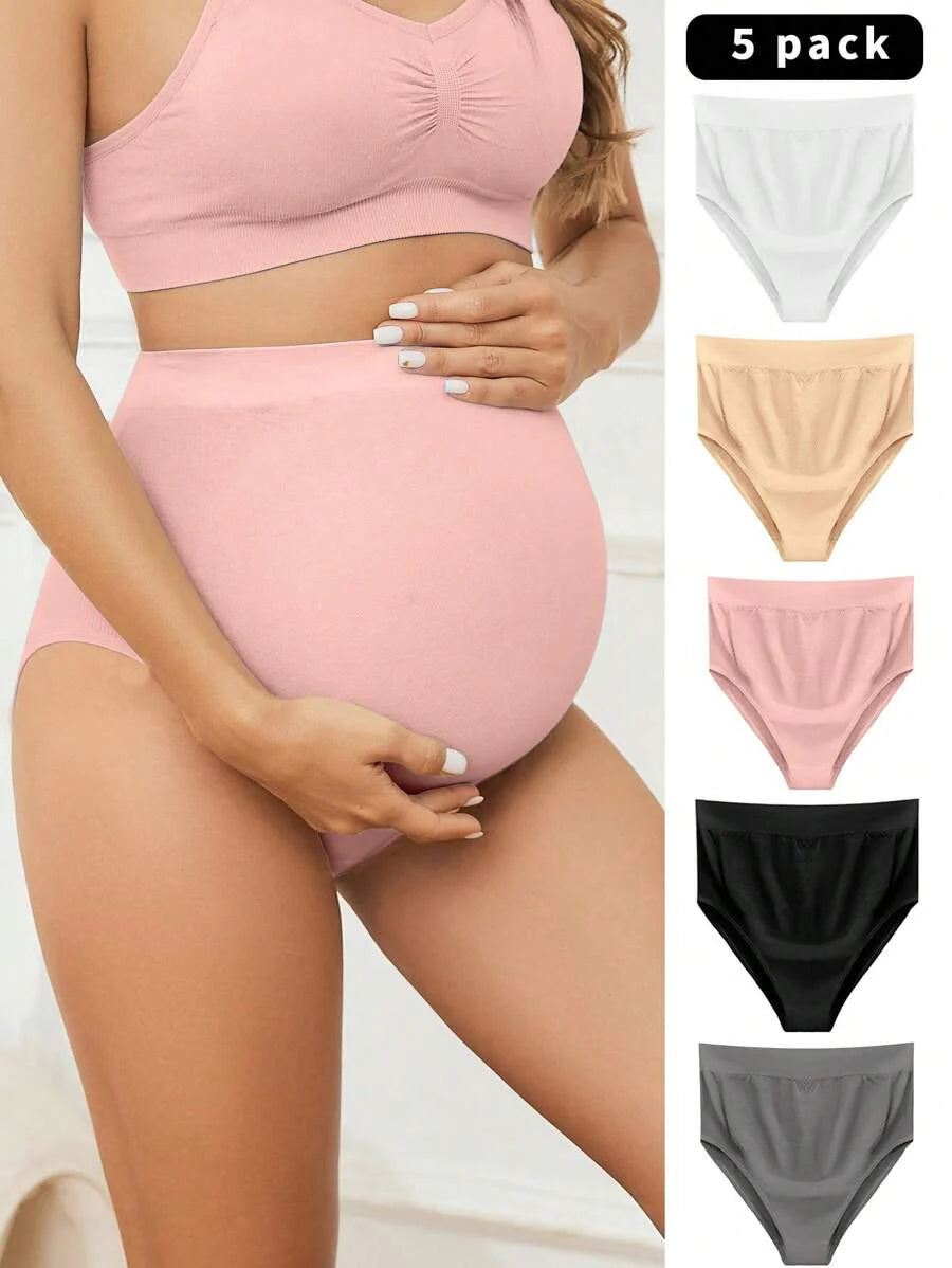 Maternity Seamless Briefs 5 Pack - Solid Color Soft Stretch Comfortable High Waist, Pregnancy