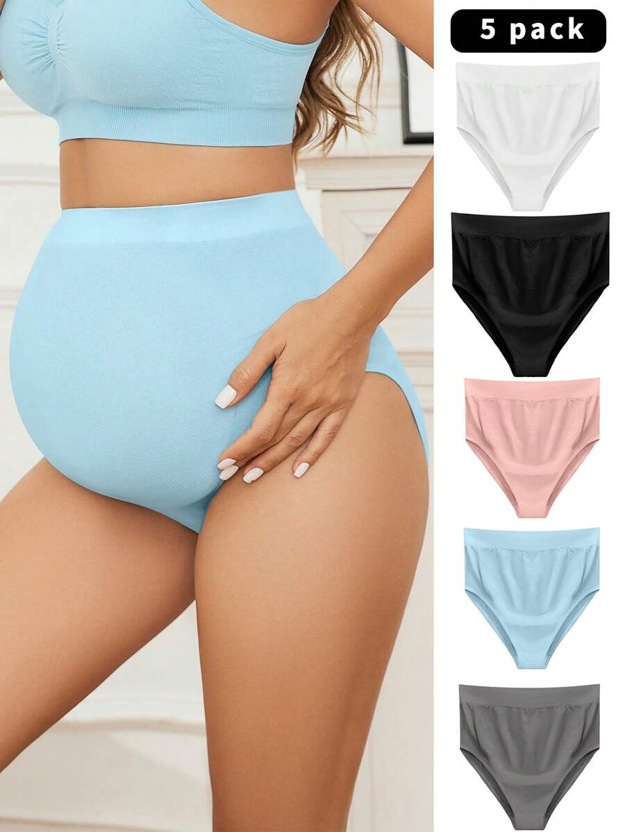 Maternity Panties 5 Pack - Solid Color Simple Soft Stretch High Waist, Pregnancy Daily Wear
