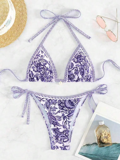 Women's 2-Piece Boho Halter Bikini Set - Tie Side, Floral Print, Blue and White