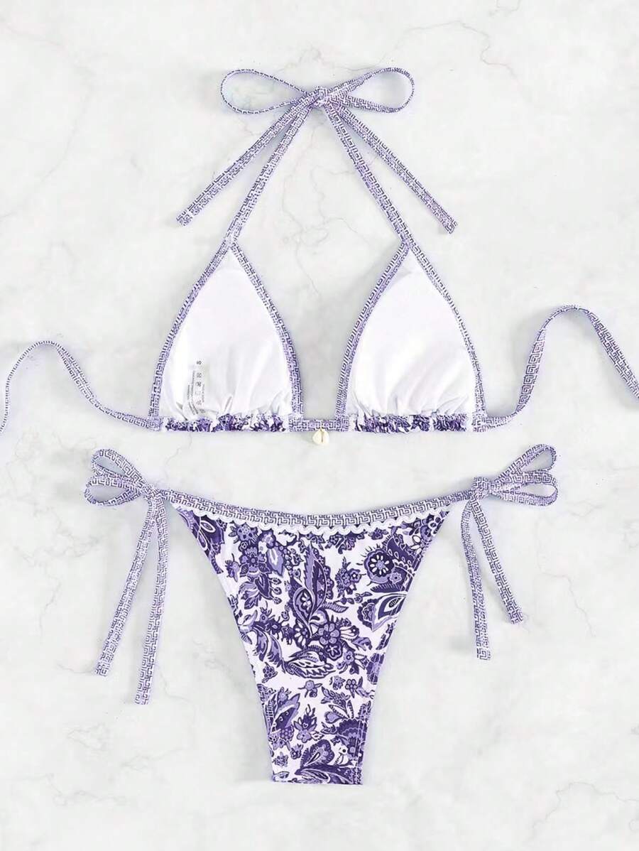 Women's 2-Piece Boho Halter Bikini Set - Tie Side, Floral Print, Blue and White
