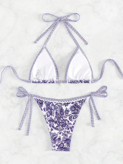 Women's 2-Piece Boho Halter Bikini Set - Tie Side, Floral Print, Blue and White