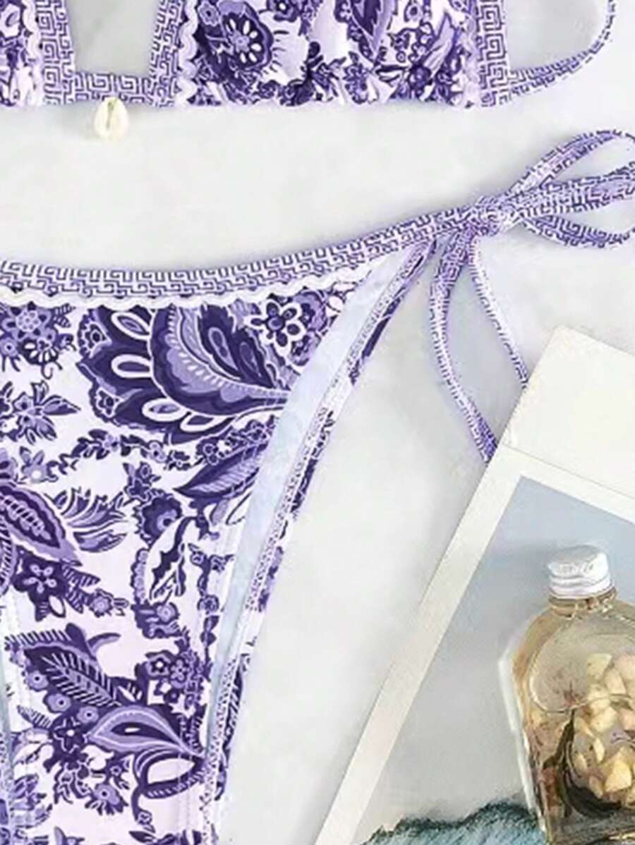 Women's 2-Piece Boho Halter Bikini Set - Tie Side, Floral Print, Blue and White