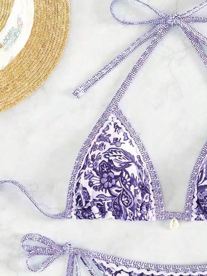 Women's 2-Piece Boho Halter Bikini Set - Tie Side, Floral Print, Blue and White