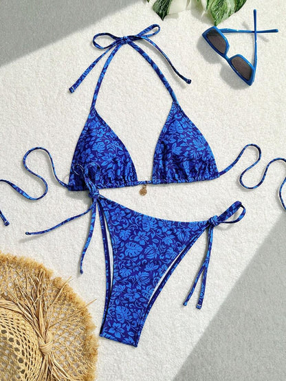 Swim Vcay Women's Summer Beach Floral Print Halter Tie Sexy Bikini Set, Random Print