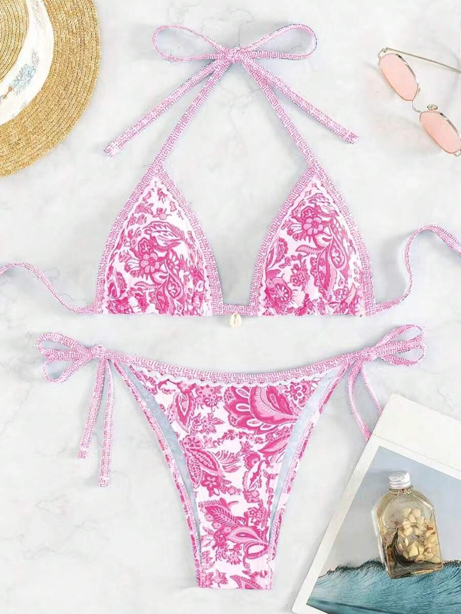Women's 2-Piece Boho Halter Bikini Set - Tie Side, Floral Print, Blue and White