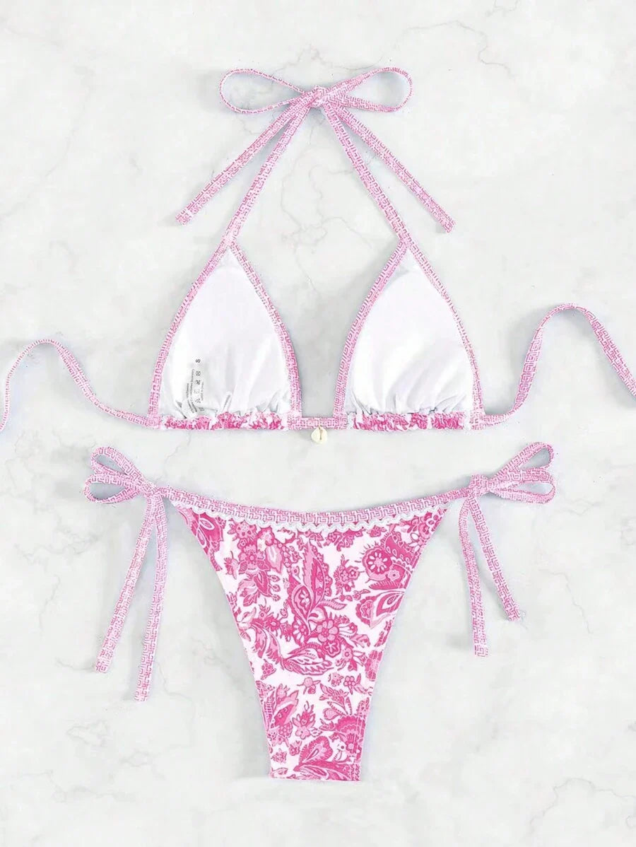 Women's 2-Piece Boho Halter Bikini Set - Tie Side, Floral Print, Blue and White