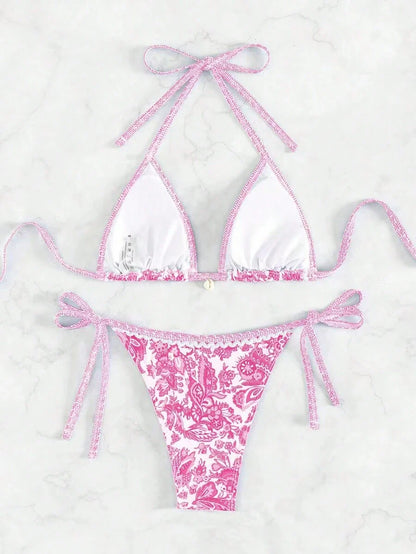 Women's 2-Piece Boho Halter Bikini Set - Tie Side, Floral Print, Blue and White