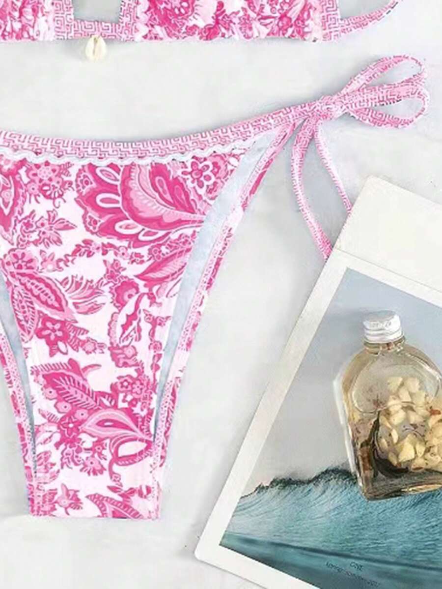 Women's 2-Piece Boho Halter Bikini Set - Tie Side, Floral Print, Blue and White