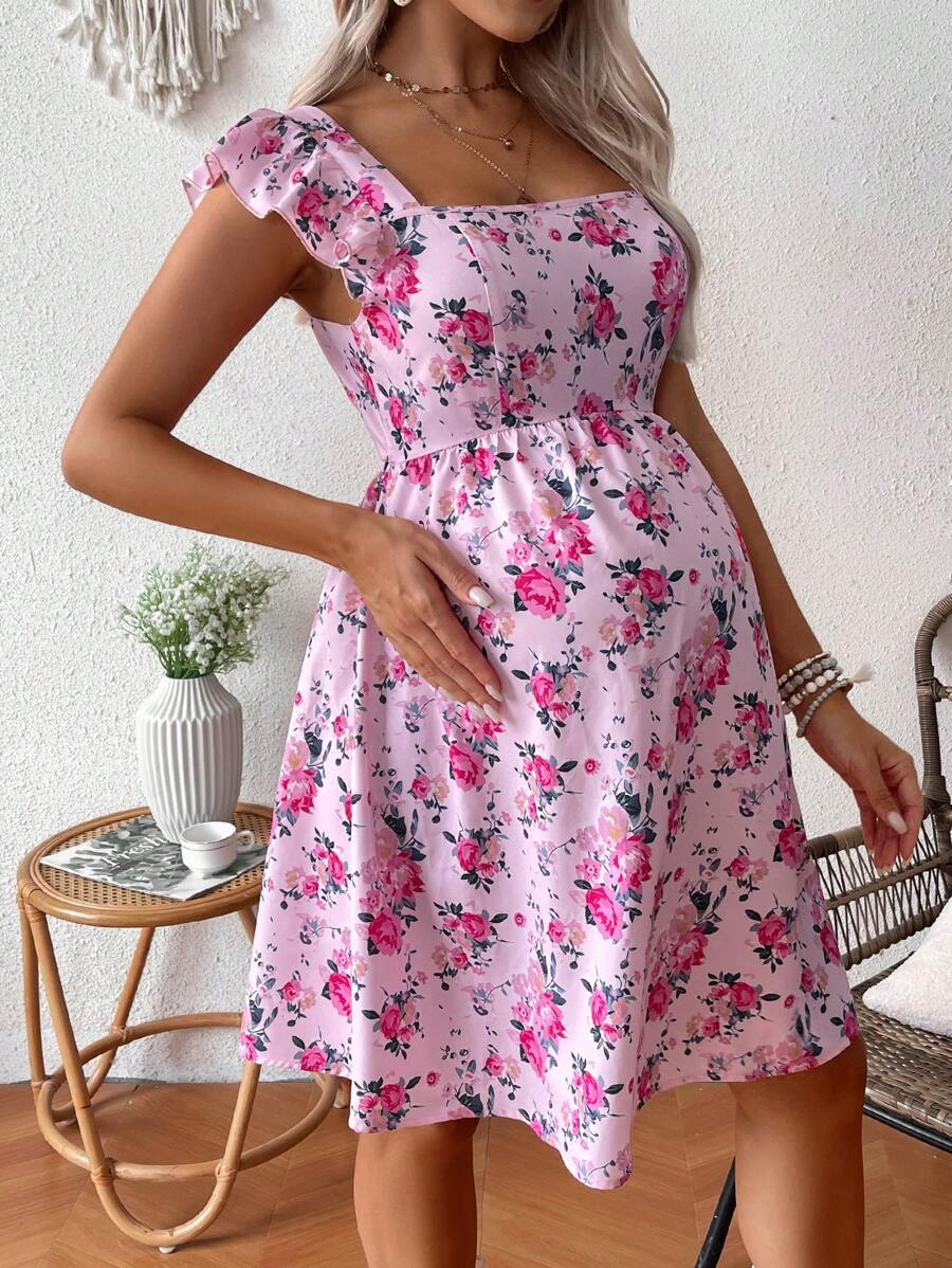 Pink Floral Maternity Square Neck Dress with Ruffle Flounce Sleeves and Boho High Waist A-Line Flare Hem Silhouette