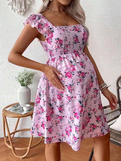 Pink Floral Maternity Square Neck Dress with Ruffle Flounce Sleeves and Boho High Waist A-Line Flare Hem Silhouette