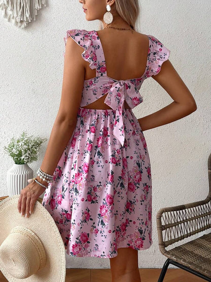 Pink Floral Maternity Square Neck Dress with Ruffle Flounce Sleeves and Boho High Waist A-Line Flare Hem Silhouette