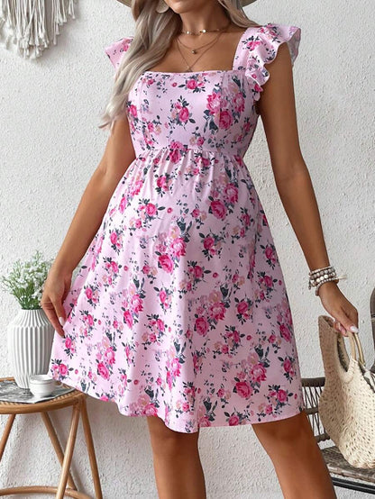 Pink Floral Maternity Square Neck Dress with Ruffle Flounce Sleeves and Boho High Waist A-Line Flare Hem Silhouette