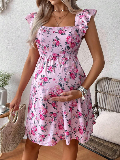 Pink Floral Maternity Square Neck Dress with Ruffle Flounce Sleeves and Boho High Waist A-Line Flare Hem Silhouette