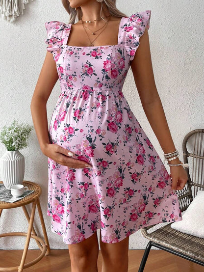 Pink Floral Maternity Square Neck Dress with Ruffle Flounce Sleeves and Boho High Waist A-Line Flare Hem Silhouette
