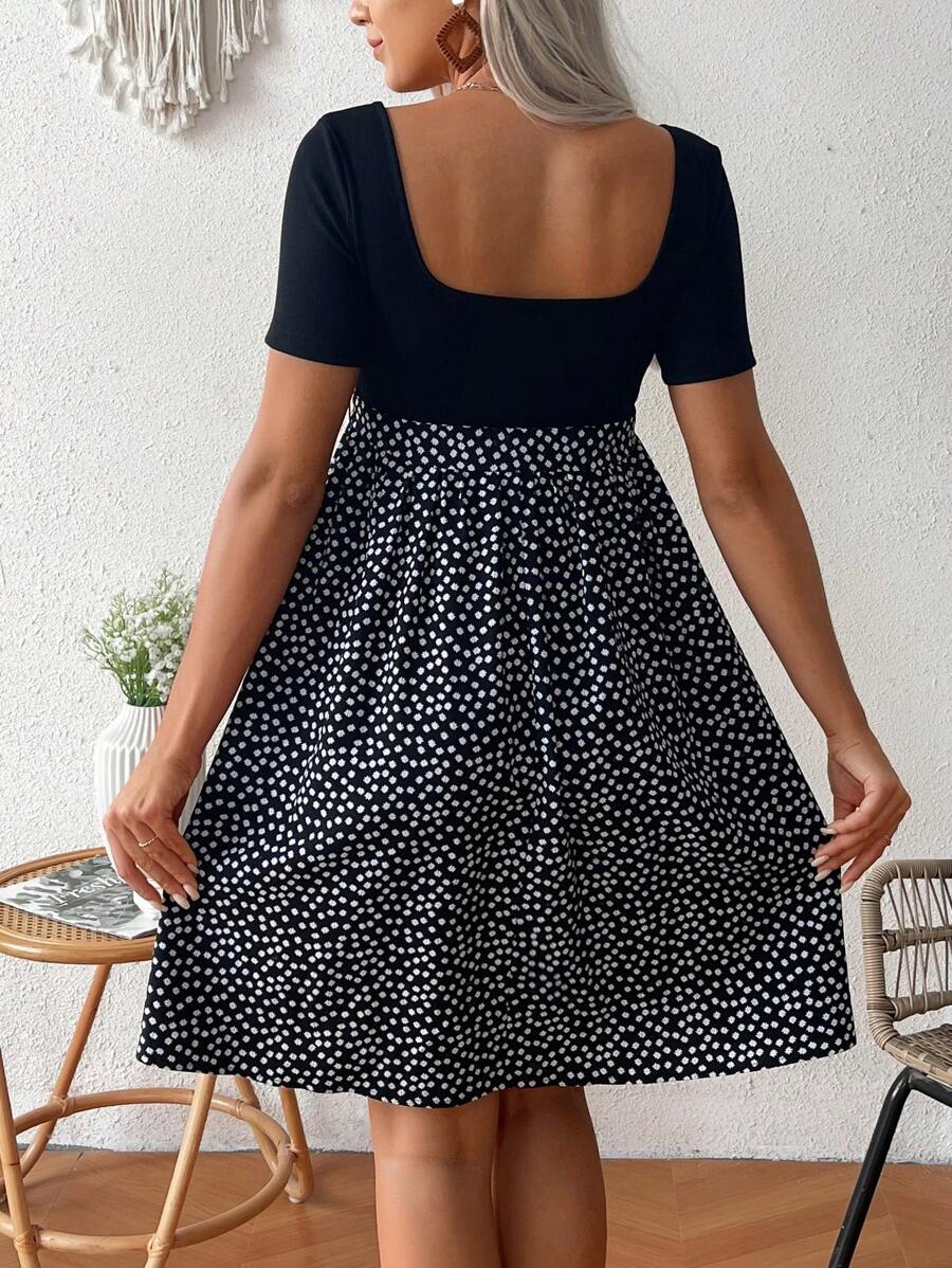 Green Ditsy Floral Maternity Summer Dress - Square Neck Short Sleeve A-Line High Waist Casual Beach Mini Dress