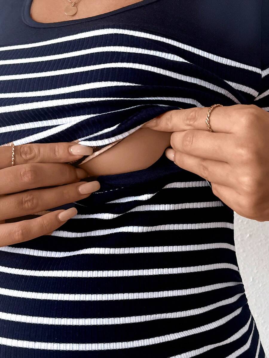 Maternity Colorblock Striped Short Sleeve Nursing T-Shirt - Slim Fit Rib-Knit Breastfeeding Scoop Neck Top