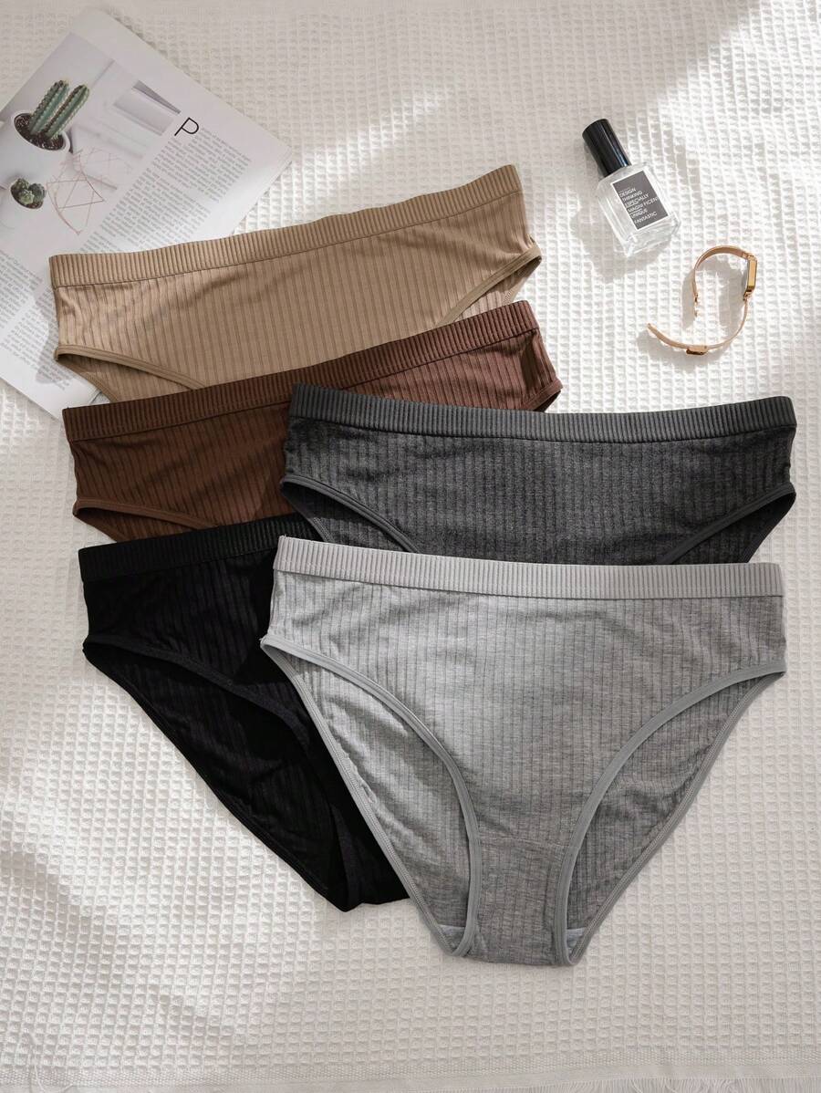 5-Piece Plus Size Ribbed Triangle Panty Set - Soft Leisure Series Mid-Rise Briefs