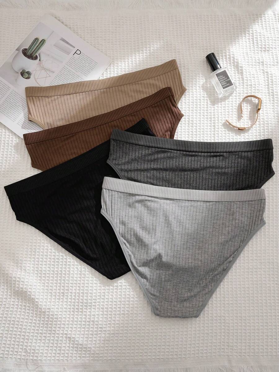 5-Piece Plus Size Ribbed Triangle Panty Set - Soft Leisure Series Mid-Rise Briefs